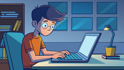 Fototapete - A student typing furiously on their laptop their fingers tapping the keys at a rapid rate as they work to finish an assignment before the deadline.. Cartoon Vector.