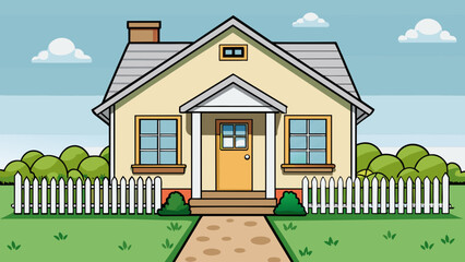 Poster - A suburban house with a neatly trimmed lawn and a white picket fence. The exterior is painted in a soft cream color with black shutters on the. Cartoon Vector.