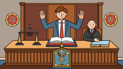Poster - As the witness took their oath their hand rested on a dark wooden Bible p on a small table in the center of the courtroom. Behind them a large seal of. Cartoon Vector.
