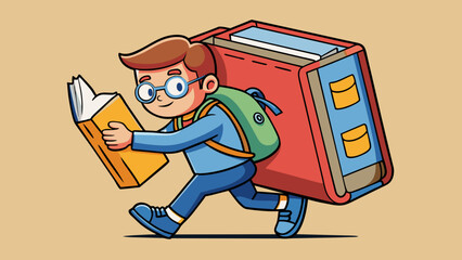 Poster - A student pushing a heavy book into their backpack. The book has a hardcover and is filled with paper pages.. Cartoon Vector.
