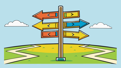 Poster - A street sign at a crossroad with multiple arrows pointing in different directions. Each arrow represents a different option or path one can take to. Cartoon Vector.