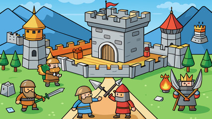 Fototapete - A strategy game where players must build and defend their own kingdom against enemy attacks. The objects in the game are all medievalinspired with. Cartoon Vector.