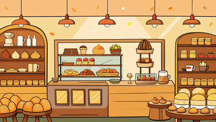 Fototapete - As we enter the station the first thing we notice is the sweet aroma of freshly baked goods. The walls are lined with shelves filled with bread. Cartoon Vector.
