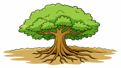 Fototapete - A sy and imposing oak tree with thick roots firmly planted in the ground showcasing its power to withstand strong winds and grow tall and resilient.. Cartoon Vector.