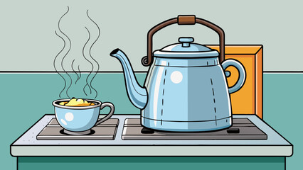 Poster - A sy metal kettle sits on a stovetop whistling as it brings the water to a rolling boil. Tea leaves are carefully measured and p into a metal infuser. Cartoon Vector.