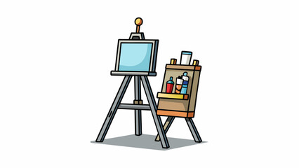 Poster - A sy metal easel stand with adjustable legs and a large canvas resting on it. The stand can be extended to different heights and angles allowing the. Cartoon Vector.