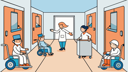 Poster - As you walk down the hallway the sound of beeping machines and rolling wheels echoes off the linoleum floors. White double doors labeled with various. Cartoon Vector.
