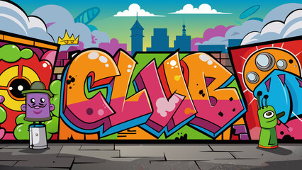 Poster - As you make your way to the restroom you pass by a wall covered in graffiti art adding a hint of grit and edge to the clubs atmosphere. The colorful. Cartoon Vector.