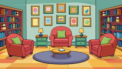 Aufkleber - As you walk through the library you come across cozy nooks and reading corners furnished with cozy armchairs and plush rugs. These quiet corners are. Cartoon Vector.