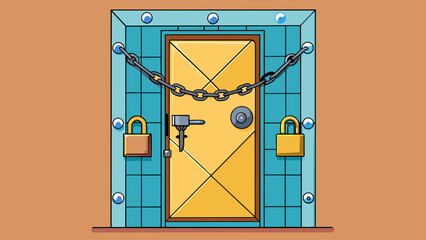 Poster - A sy lock on a door with multiple deadbolts and a security chain providing a secure defense against breakins and unwanted visitors.. Cartoon Vector.