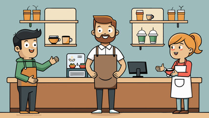 Canvas Print - As you wait in line at the coffee shop the barista greets each customer with a warm welcome and a personalized touch remembering their preferred order. Cartoon Vector.