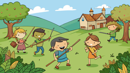 Aufkleber - As you walk through the village you can see children playing in the grassy fields chasing each other with handmade wooden swords and bows and arrows.. Cartoon Vector.
