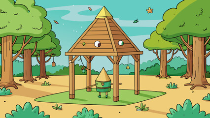 Poster - As you walk through a park youll usually come across a wooden structure with a small triangular roof. Its four legs are sy and firmly planted in the. Cartoon Vector.