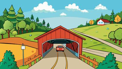 Fototapete - As you explore the countys winding backroads youll come across a charming oldfashioned covered bridge its wooden planks worn smooth from years of use. Cartoon Vector.