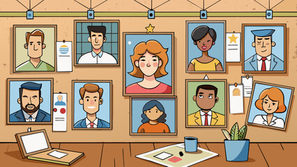 Aufkleber - A talent agency representing various actors singers and performers. The walls of their office are adorned with posters and headshots of their clients.. Cartoon Vector.