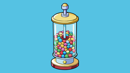 Poster - A tall cylindrical glass jar filled with a variety of colorful candies with a rotating lever on the side for dispensing a small amount at a time.. Cartoon Vector.