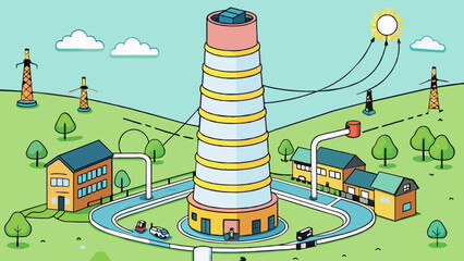 Aufkleber - A tall cylindrical structure made of metal with a curved top and multiple levels used to generate and transmit electricity to nearby homes and. Cartoon Vector.