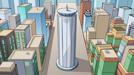 Poster - A tall cylindrical structure stands proudly in the center of a bustling city. Its smooth silver surface reflects the busy streets and the bright. Cartoon Vector.