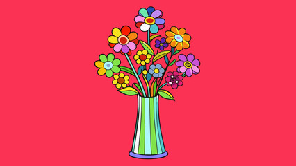 Poster - A tall glass vase filled with colorful flowers of all shapes and sizes arranged in a gradient from red to purple.. Cartoon Vector.