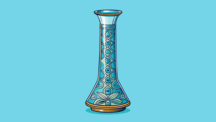 Poster - A tall cylindrical vessel with a narrow neck and a wide flat base. It is made of delicate handblown glass and has intricate designs etched into its. Cartoon Vector.