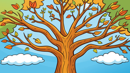 Poster - A tall gnarled tree with branches that stretch upwards towards the sun. Its trunk is covered in thick rough bark and colorful leaves rustle in the. Cartoon Vector.