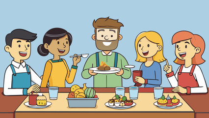 Poster - At a restaurant a group of friends share dishes and make sure everyone has enough before taking more demonstrating consideration and respect for each. Cartoon Vector.