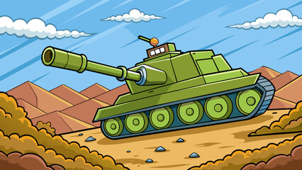 Aufkleber - A tank rolling across rough terrain its massive size and imposing cannons a symbol of defense and firepower.. Cartoon Vector.