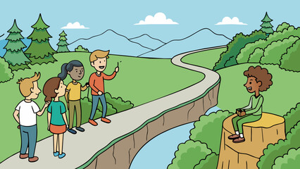 Poster - At a scenic overlook a group of friends was trying to decide which hiking trail to take. One pointed to a steep challenging path while another. Cartoon Vector.