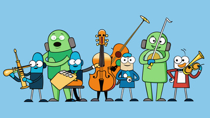 Poster - A team is like a symphony orchestra where each member plays a different instrument but together they create harmonious music.. Cartoon Vector.
