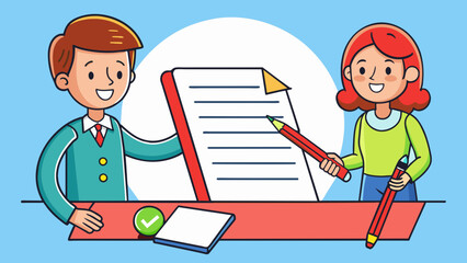 Poster - A teacher examining a students essay using a red pen to mark grammatical errors circle key themes and provide constructive feedback.. Cartoon Vector.