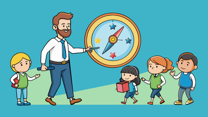 Poster - A teacher is like a compass providing direction and helping students find their way in life.. Cartoon Vector.