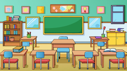 Poster - A teachers job is to educate and guide students in a classroom. The room has a chalkboard or whiteboard at the front with colorful posters and student. Cartoon Vector.