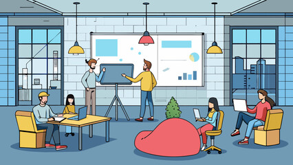 Aufkleber - A tech startup housed in a sleek modern office space with large windows and exposed brick walls. The open floor plan fosters collaboration and. Cartoon Vector.