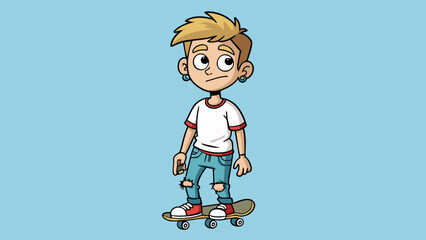 Poster - A teenage boy with a skateboard wearing ripped jeans and a band tshirt.. Cartoon Vector.