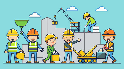 Poster - A team of workers on a construction site each with their own specific job and clear instructions from a manager efficiently working together to. Cartoon Vector.