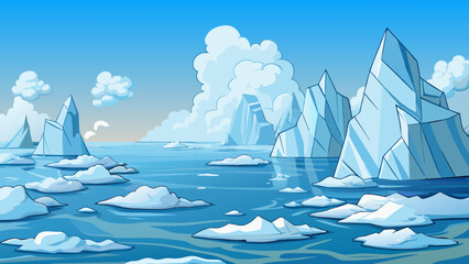 Poster - A thick salty mist hangs in the air as towering icebergs float lazily in the frigid Arctic sea. The icebergs sparkle and shine in the sunlight their. Cartoon Vector.