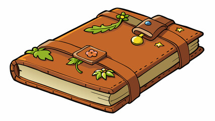 Poster - A thick leatherbound book with a worn spine and tattered pages. It is filled with pressed flowers and handwritten notes and has a small leather s to. Cartoon Vector.