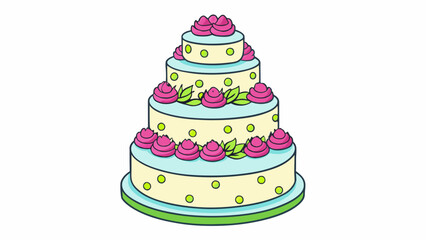 Poster - A threetiered cake with each tier decreasing in size covered in white frosting and adorned with pink flowers and green leaves.. Cartoon Vector.