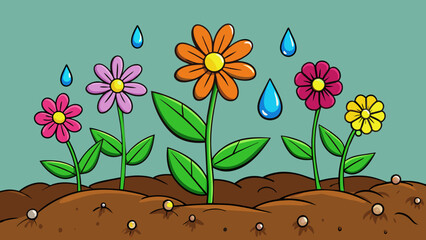 Poster - A third illustration shows a plant blooming with colorful flowers surrounded by rich soil and water droplets on its leaves. The plant appears vibrant. Cartoon Vector.