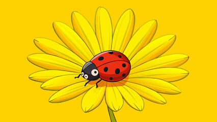 Fototapete - A tiny ladybug crawls across the smooth surface of a bright yellow flower petal. Its red and black spotted body stands out against the vibrant yellow. Cartoon Vector.