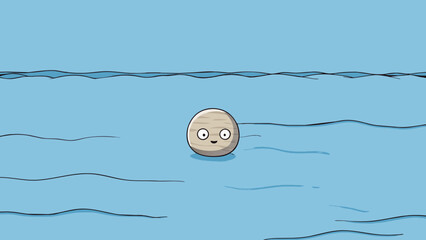 Aufkleber - A tiny pebble sits on the edge of a vast ocean a stark contrast between its small size and the seemingly boundless expanse of water before it.. Cartoon Vector.