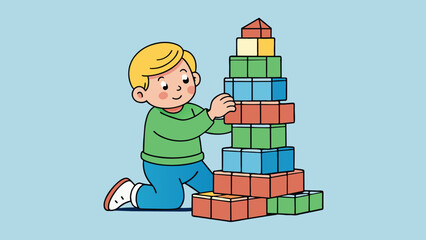 Poster - A toddler building a tower with blocks at a rapid rate stacking them on top of each other with lightning quick movements. Their small hands and nimble. Cartoon Vector.
