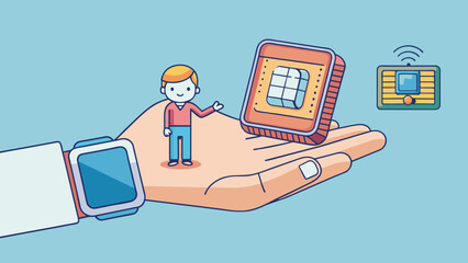 Fototapete - A tiny shiny chip implanted in a persons wrist acts as their personal assistant allowing them to access information make purchases and even control. Cartoon Vector.