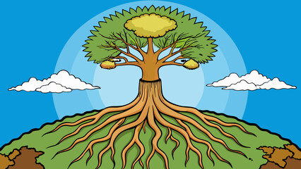 Poster - A tree with deep gnarled roots stretching into the earth and branches reaching endlessly towards the sky representing the idea of always being present. Cartoon Vector.
