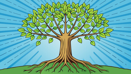 Poster - A towering tree whose leaves shimmered in the sunlight and whose roots reached deep into the earth providing stability and nourishment.. Cartoon Vector.