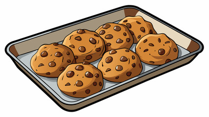 Wall Mural - A tray of freshly baked chocolate chip cookies still warm from the oven. The cookies are thick and chewy with crisp edges and gooey chocolate chunks. Cartoon Vector.