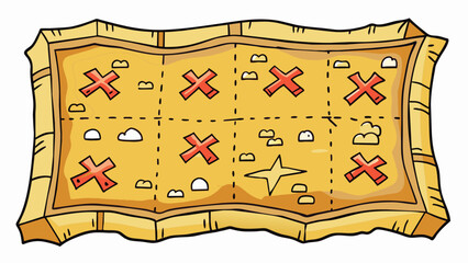 Poster - A treasure map with nine X marks each one leading to a different hidden treasure. The map is old and tattered with faded ink and intricate drawings.. Cartoon Vector.