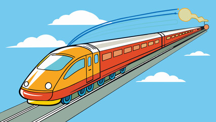 Aufkleber - A train departing from a busy station its long body stretching forward as it chugs along the tracks. The wheels spin steadily and the whistle blows. Cartoon Vector.