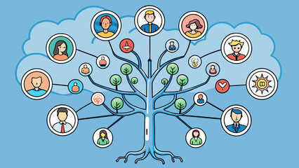 Poster - A tree with intertwining roots showing the interconnected web of relationships and social connections that can shape an individuals thoughts actions. Cartoon Vector.