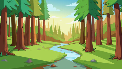 Poster - A tranquil forest with towering evergreen trees and a babbling brook running through it. Sunlight filters through the trees casting dappled light on. Cartoon Vector.
